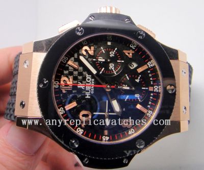 Hublot Big Bang Replica Watch: ROSE GOLD W/ BLACK CARBIN-FIBER DIAL - Swiss Grade